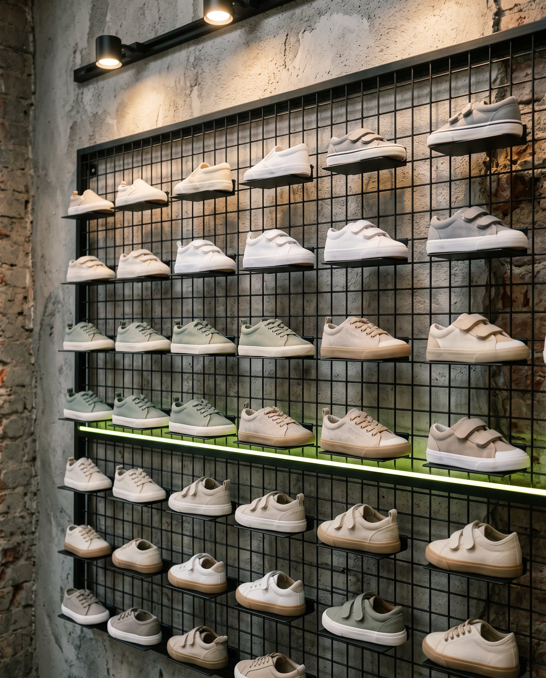 Parete con le sneakers per bambini ordinate per taglia nel negozio Step Up di Frosinone