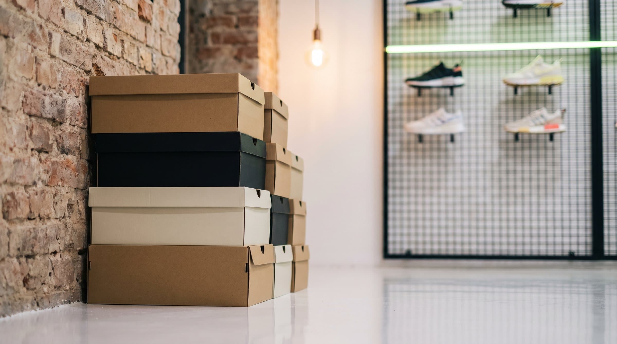 Scatole di sneakers impilate accanto alla parete in mattoni del negozio Step Up di Frosinone